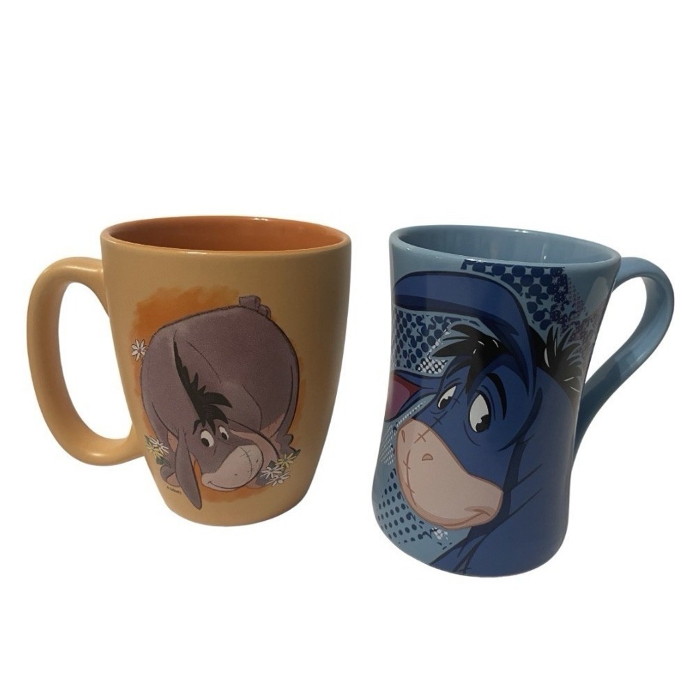 Disney Store EEYORE "Glum & Blue" & Orange Ceramic 12 Oz Coffee Cup Mugs - EUC